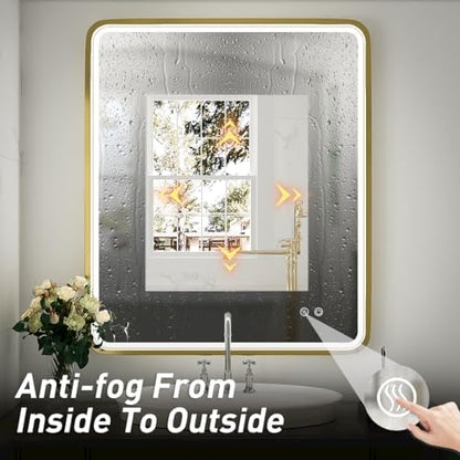 30x36 Inch LED Gold Frame Bathroom Mirror, ETL Listed