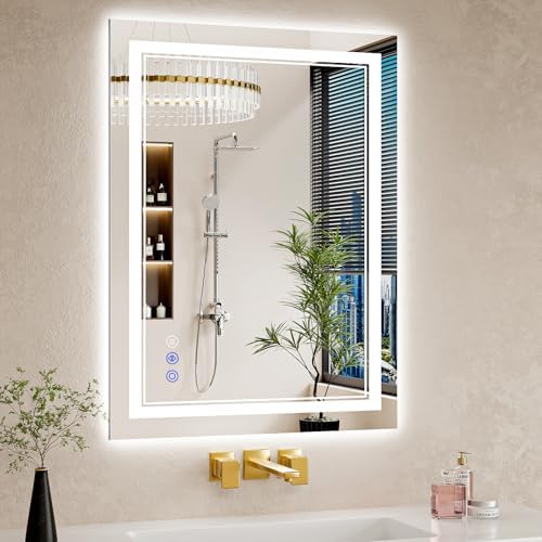 24"x32" LED Bathroom Mirror with Lights, Anti-Fog, Backlit + Front Lit, Dimmable, Led Vanity Mirror for Wall, Lighted Bathroom Mirror, 3 Colors, Shatter-Proof Tempered Glass