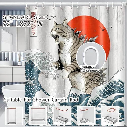 JAWO Funny Cat Shower Curtain, Japanese Wave Cat Monster Fabric Shower Curtain, Kanagawa Wave Retro Japanese Art Bathroom Curtain with Hooks, Water-Resistant Anime Cat Themed Bath Curtain, 72X72inch