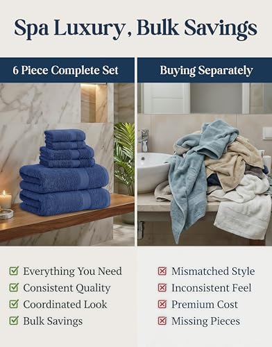 LANE LINEN Bath Towel Set Absorbent Quick Dry 100% Cotton 6 Piece - Navy