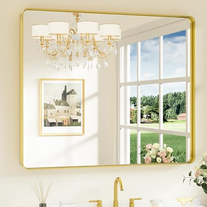 Keonjinn 42 x 36 Inch Gold Bathroom Mirror, Tempered Glass Vanity Mirror