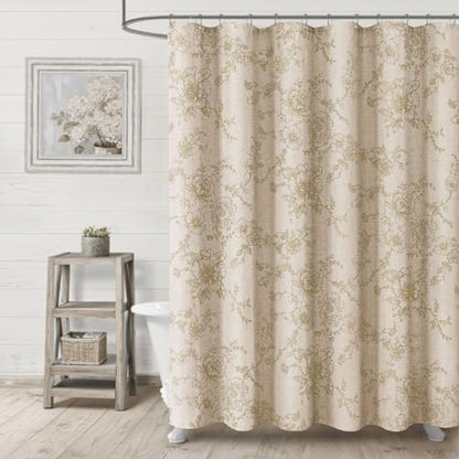 Farmhouse Vintage Linen Shower Curtain for Bathroom, Beige Floral