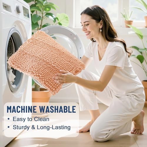 Grandaily Chenille Striped Bathroom Rugs 30x20, Extra Thick and Soft Absorbent Bath Mats, Rubber Backing, Plush Shaggy Shower Carpet, Machine Wash Dry, Bath Rug for Bathroom, Peach