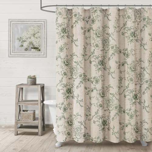 Farmhouse Floral Vintage Shower Curtain for Bathroom, Green and Tan Taupe