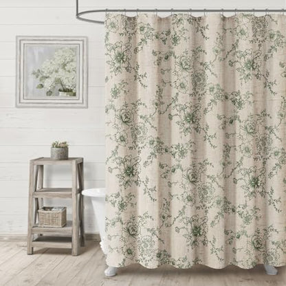 Farmhouse Floral Vintage Shower Curtain for Bathroom, Green and Tan Taupe