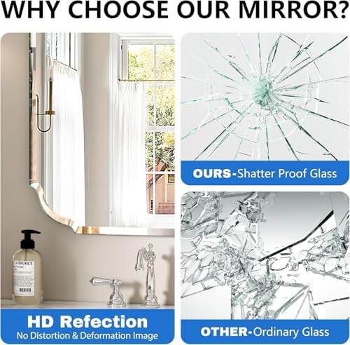36"x 24" Frameless Beveled Wall Mirror Silver Scalloped Edge Vanity Mirror for Bathroom, Bedroom, Entryway, Modern Rectangle Wall Mounted Decorative Mirror with Shatter-Resistant Glass