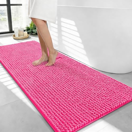 OLANLY Thick Chenille Bathroom Runner Rugs Mats 44x24, Hot Pink