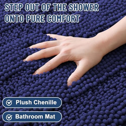 Grandaily Chenille Striped Bathroom Rugs 36x24, Extra Thick and Soft Absorbent Bath Mats, Rubber Backing, Plush Shaggy Shower Carpet, Machine Wash Dry, Bath Rug for Bathroom, Twilight Sapphire