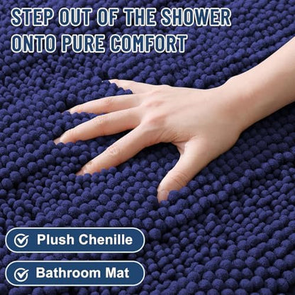 Grandaily Chenille Striped Bathroom Rugs 30x20, Extra Thick and Soft Absorbent Bath Mats, Rubber Backing, Plush Shaggy Shower Carpet, Machine Wash Dry, Bath Rug for Bathroom, Twilight Sapphire