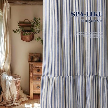 Farmhouse Shower Curtain Ruffle Linen Cream-Blue Stripe 72"W x 96"L