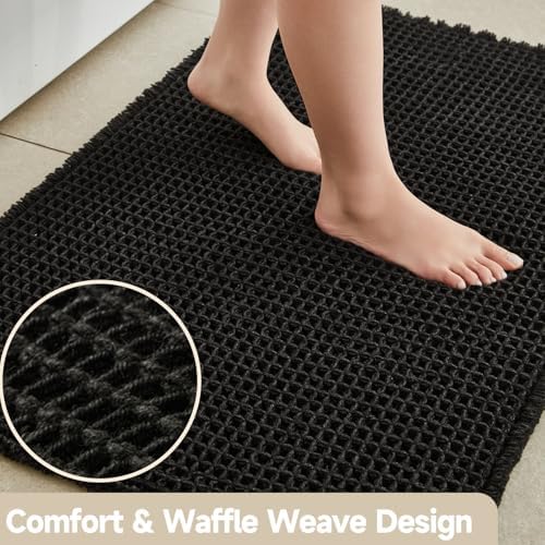 TYUU Black Waffle Bath Mat, Boho Bathroom Rugs Non Slip Washable, 48x24