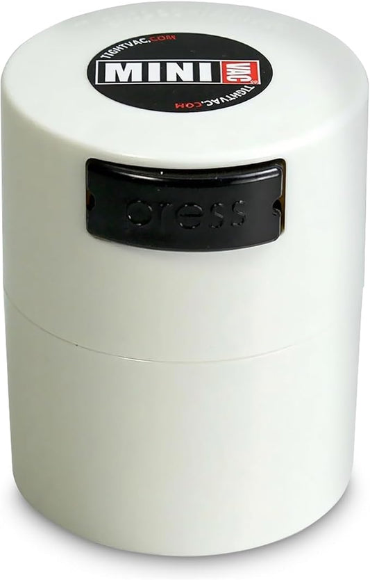 TIGHTPAC MINIVAC Portable Vacuum Seal Airtight Container – Keeps Coffee Beans, Grounds, Tea, Spices & Herbs Fresh Longer – Travel-Ready, NSF-Certified Food-Grade Storage, 10 to 30 Grams, White