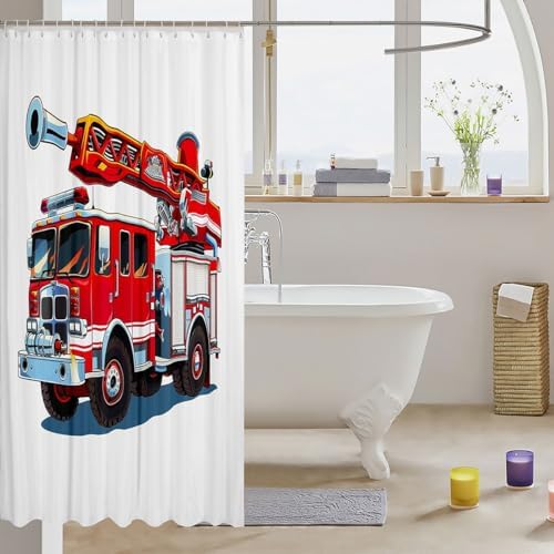 3D Fire Truck Fabric Bathroom Shower Curtain Cartoon Car Vehicle Waterproof Shower Curtains for Kids Boys Girls Firemen Rescue Fire Fighting Shower Curtain with Hooks Red Car Curtain,72x72 Inches
