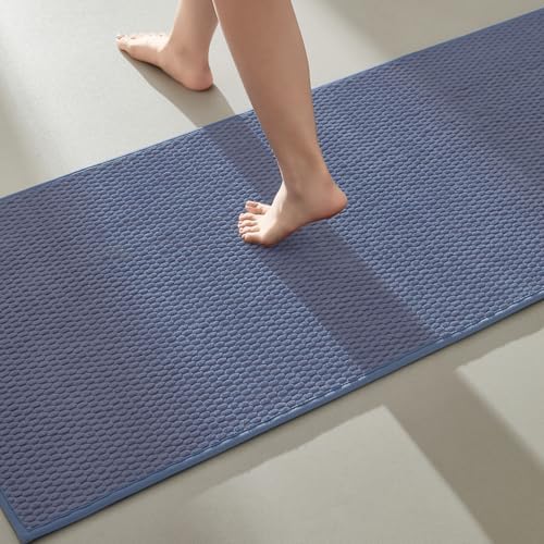 TYUU Bathroom Runner Rugs, Long Bath Mat Runner Washable Thin Quick Dry Low Pile Bathroom Runner Rugs Non Slip, Denim Blue 24"x70"