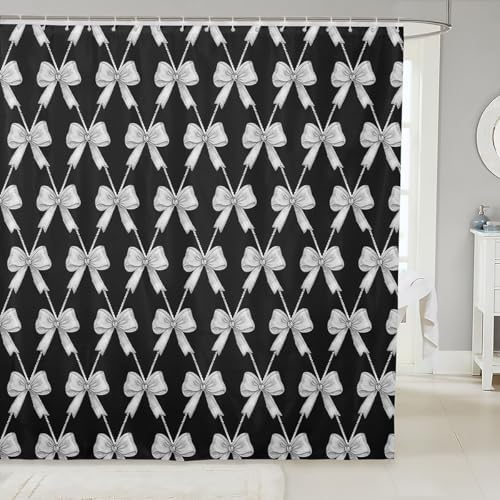 jejeloiu Cute Bow Bathroom Accessories 72"x72" Gray Black Bowknot Shower Curtain for Bathroom Decor Kawaii Girls Bath Curtain Waterproof Polyester Fabric with 12 Hooks for Stalls Bathtubs Princess
