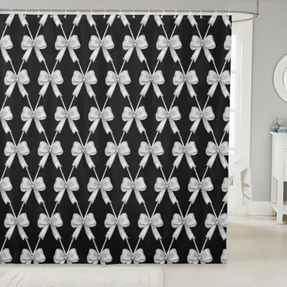 jejeloiu Cute Bow Bathroom Accessories 72"x72" Gray Black Bowknot Shower Curtain for Bathroom Decor Kawaii Girls Bath Curtain Waterproof Polyester Fabric with 12 Hooks for Stalls Bathtubs Princess