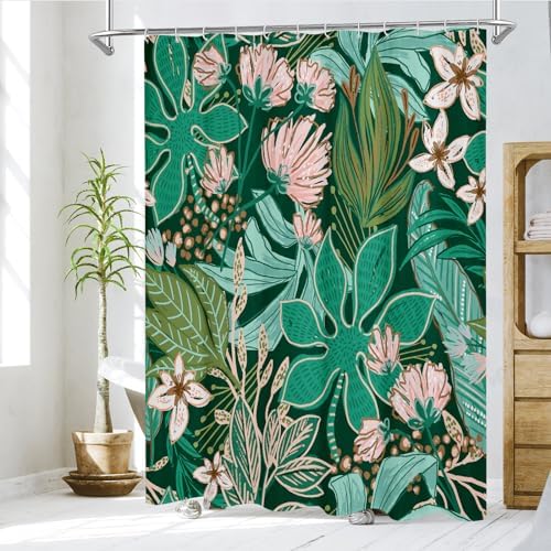 Boho Floral Shower Curtain, Dark Emerald Botanical Fabric Curtain, 72 x 84