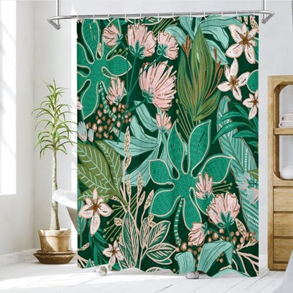 Boho Floral Shower Curtain, Dark Emerald Botanical Fabric Curtain, 72 x 84