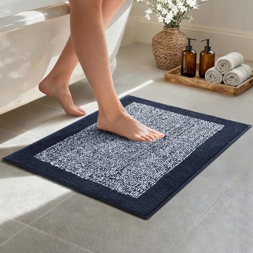 Bathroom Rugs 24x17 Non Slip Washable, Soft Absorbent Bath Mat Dark Blue