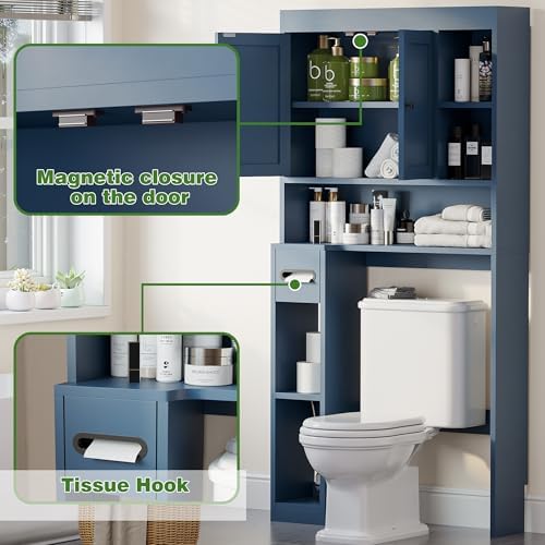 Over The Toilet Storage Cabinet with 7 Shelves, Imitation Walnut Grain Above Toilet Bathroom Organizer with Toilet Paper Holder Stand, Space Saver for Restroom, Laundry, Bathroom (Navy Blue)