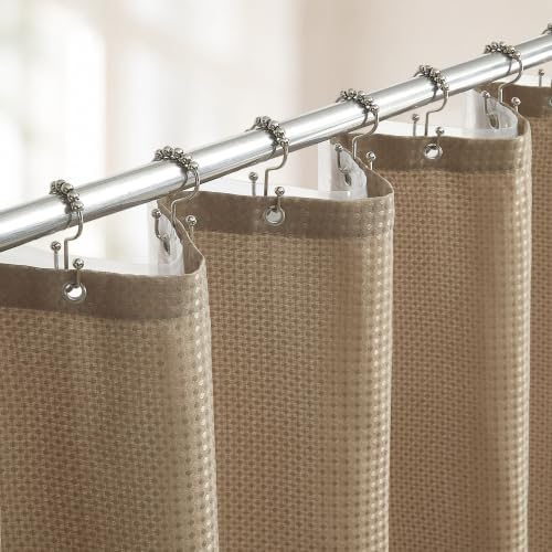 Shower Curtain and Liner Set, 3 in 1 Waffle Shower Curtain Set with 12 Double Sided Shower Curtain Hooks, Fabric Shower Curtains for Bathroom, Beige, 72 x 72