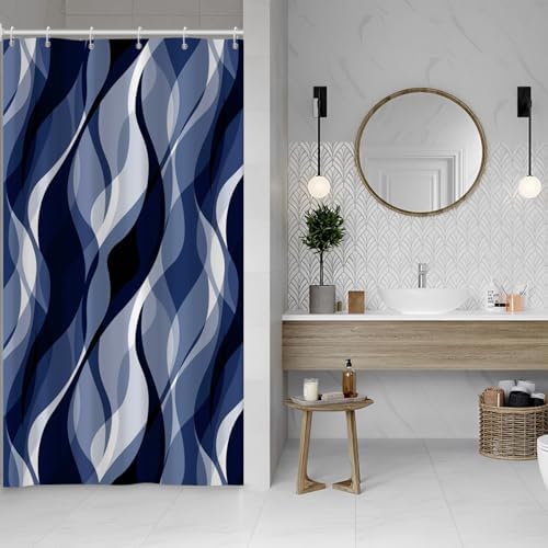 Navy Blue Striped Stall Shower Curtain with Hooks, 48x72 Inch