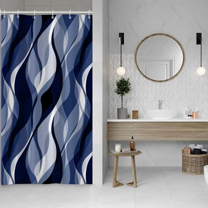 Navy Blue Striped Stall Shower Curtain with Hooks, 48x72 Inch