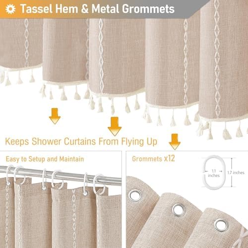 BTTN 72 x 80 Boho Linen Heavy Duty Cloth Shower Curtain Set, Tan/Taupe