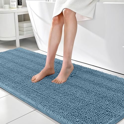 OLANLY Thick Bathroom Runner Rugs 70x24, Soft Chenille Bath Rugs, Airy Blue