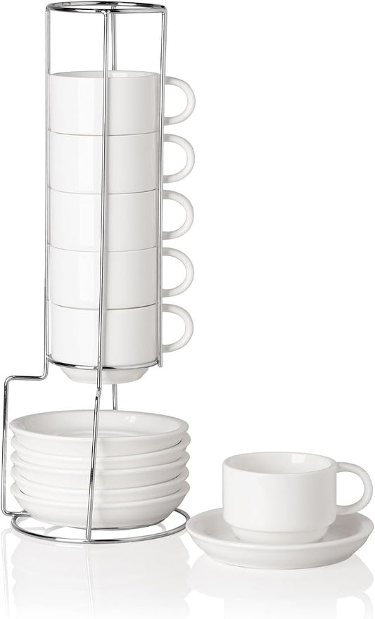 Sweejar Ceramic Espresso Cups Set of 6, Espresso Cup Stackable, 4 Oz Stackable Cappuccino Cups with Saucers and Metal Stand for Coffee Drinks, Americano, Latte, Tea (White)
