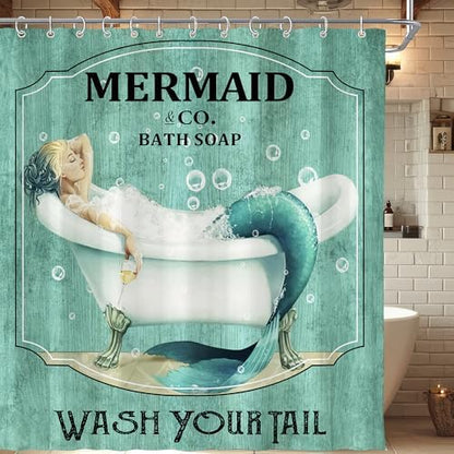 Teal Vintage Mermaid Shower Curtain for Bathroom 72W*72H Inch Little Teal Green Mermaid Wash Your Tail Bathtub Decor Funny Ocean Bathtub Bubbles Wood Aesthetic Waterproof Polyester Fabric
