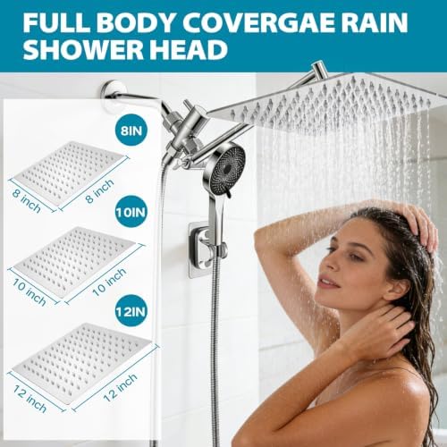 Shower Head, Rain Shower Head with Handheld Spray Combo, 12Inch Adjustable High Pressure Rainfall Shower Head, Dual Showerhead Set with Extension Arm