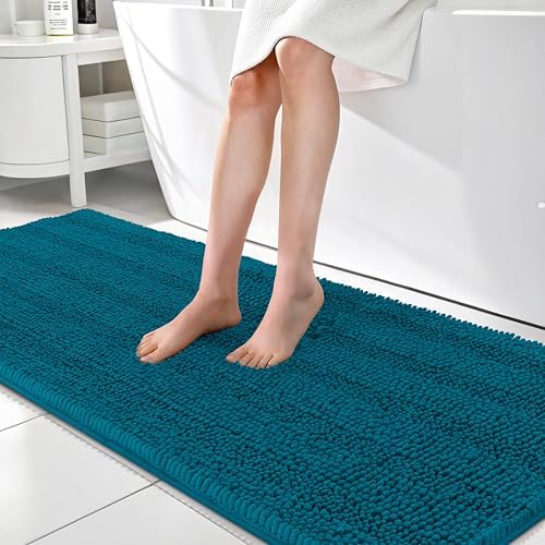 OLANLY Thick Bathroom Runner Rugs 70x24, Chenille Bath Rugs, Peacock Blue