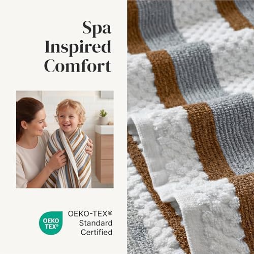 Modern Threads 6 Piece Bath Towel Set – Bathroom Towel Set with 2 Bath Towels, 2 Hand Towels & 2 Washcloths – 100% Cotton, Soft & Absorbent – Wide Stripe (Gold)