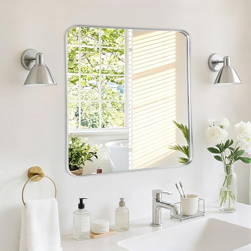 Silver Bathroom Vanity Mirror Over Sink 24x24, Wall Square Mirror, Chrome
