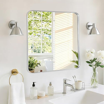 Silver Bathroom Vanity Mirror Over Sink 24x24, Wall Square Mirror, Chrome