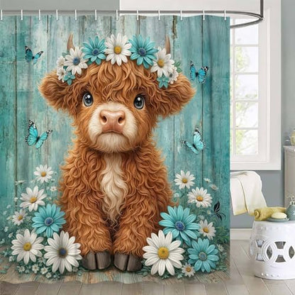 Cute Cow Shower Curtain, Farmhouse Rustic Teal Floral Daisy Highland Cow Shower Curtains for Bathroom, Calf Country Farm Animal Garden Plant Fabric Bathroom Decor with Hooks, 70x84 inch
