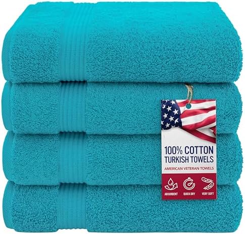 American Veteran Towel, 100% Cotton Turkish Bath Towels for Bathroom 4 Pack, 27x54 Extra Large Premium Soft Drying Bathroom Towels, Aqua Blue