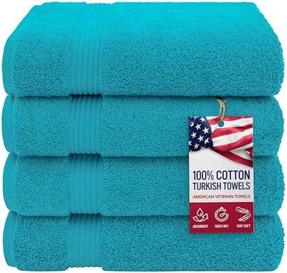 American Veteran Towel, 100% Cotton Turkish Bath Towels for Bathroom 4 Pack, 27x54 Extra Large Premium Soft Drying Bathroom Towels, Aqua Blue