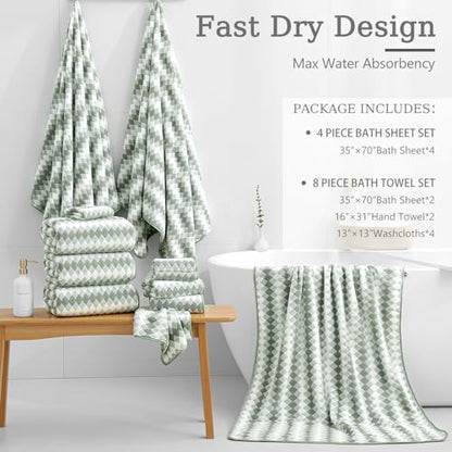 8 Piece Bathroom Towel Set Green |2 Oversized Large Bath Towels Sheet,2 Hand Towels and 4 Washcloths| 600GSM Ultra Soft Luxury Premium Towel Set Highly Absorbent Quick Dry Hotel Towel Collection