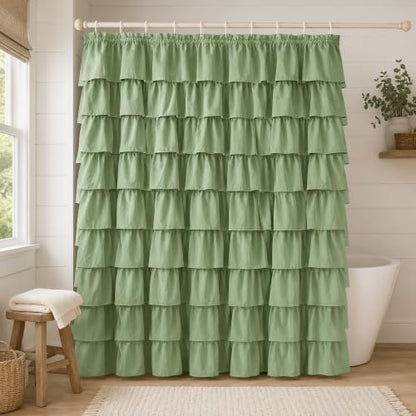 Sage Green Ruffle Shower Curtain for Bathroom, 72x72 inch, 1 Panel
