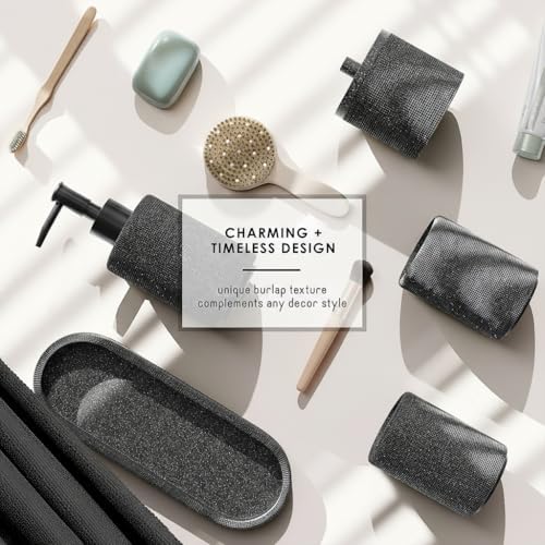 Clara Clark Bathroom Set - Coal Black Bathroom Accessories Set, 5PC Bathroom Accessory Set, Bathroom Sets with Soap Dispenser, Toothbrush Holder, Tumbler, Cotton Swab Jar & Vanity Tray