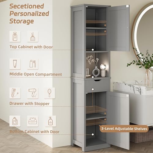 Shintenchi Tall Bathroom Storage Cabinet, Slim Corner Floor Cabinet with Doors and Drawer, Freestanding Narrow Bathroom Organizer with Adjustable Shelves for Small Space, Gray