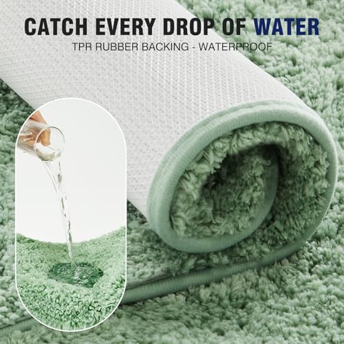 TECHMILLY U Shaped Super Soft Shaggy Bathroom Rugs, Absorbent Thick Non Slip Microfiber Toilet Rugs, Quick Dry Machine Washable Bath Mat for Bathroom Floor, Bathtub and Shower 24"x20" Green