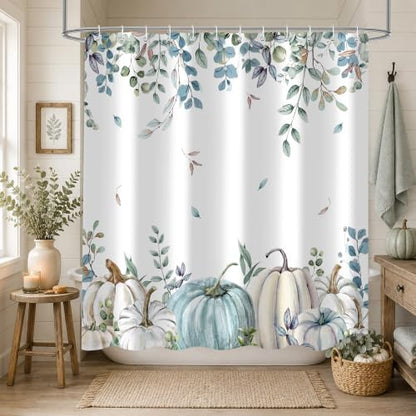 Blue Pumpkin Shower Curtain, 72 x 84 Inch Watercolor White Pumpkin Eucalyptus Bathroom Curtain, Fall Farmhouse Bath Curtain for Tub Shower Decor, Multiple Sizes