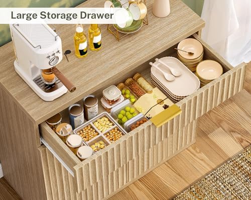 TEENFON 31.5" W Fluted Buffet Cabinet with Storage, Sideboard Cabinet, Coffee Bar Cabinet with 2 Doors and Adjustable Shelf for Living Room, Kitchen, Entryway, Natural