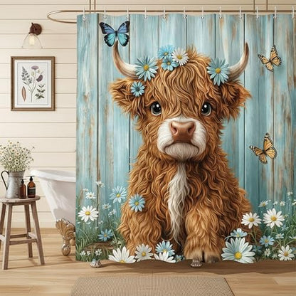 Cow Shower Curtain, Farmhouse Rustic Floral Daisy Funny Highland Cow Shower Curtains for Bathroom, Cute Calf Country Farm Animal Bathroom Decor with Hooks, 70x72 inch