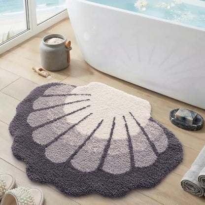 DEXI Cute Seashell Bath Mat, Coastal Scallop Bathroom Rug, 38x30 Grey