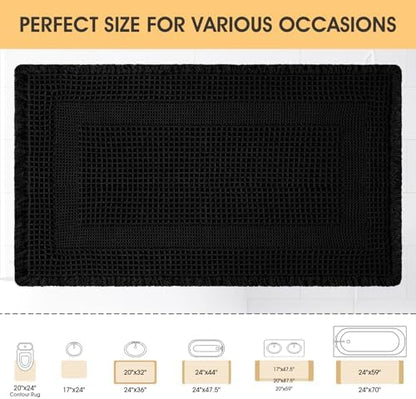 Upgrade Waffle Bath Mat, Boho Bathroom Rugs Absorbent Non Slip, Ultra Soft Bathroom Mat, Machine Washable Knit Bath Rugs with Tassels for Bathroom, Bedroom, Kitchen, Shower, Tub, Black, 32"x20"