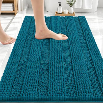 OLANLY Thick Bathroom Rugs 30x20, Chenille Striped Bath Rugs, Peacock Blue